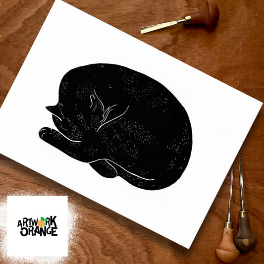 Black Cat Linocut Print