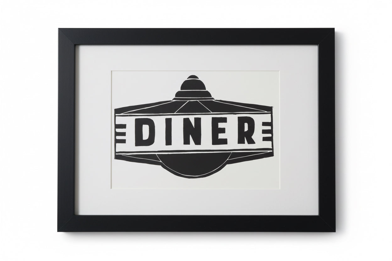 Framed artwork with 'Diner' sign design on a plain background