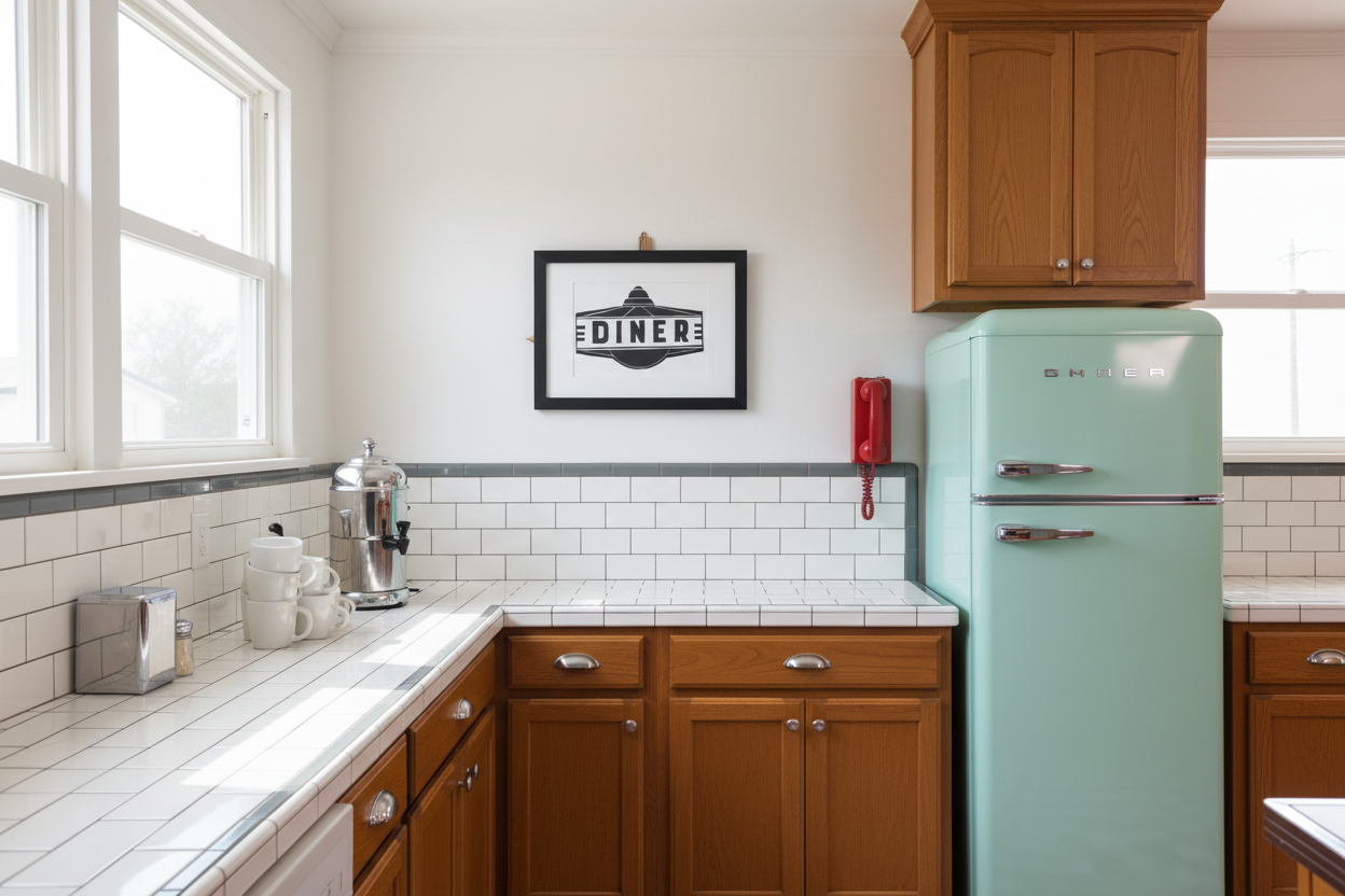 Kitchen with wooden cabinets, a green refrigerator, and a framed picture on the wall.
