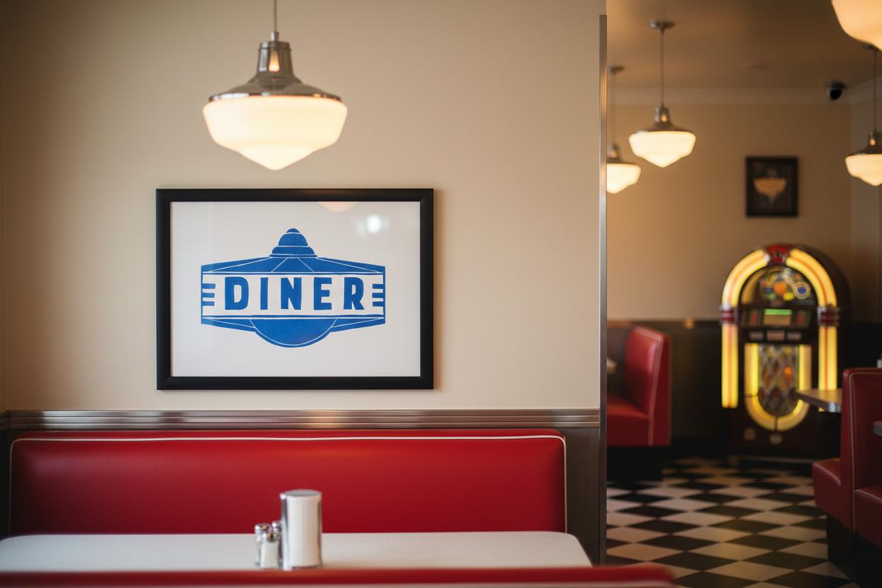 Diner interior with a framed picture of a diner sign on the wall.