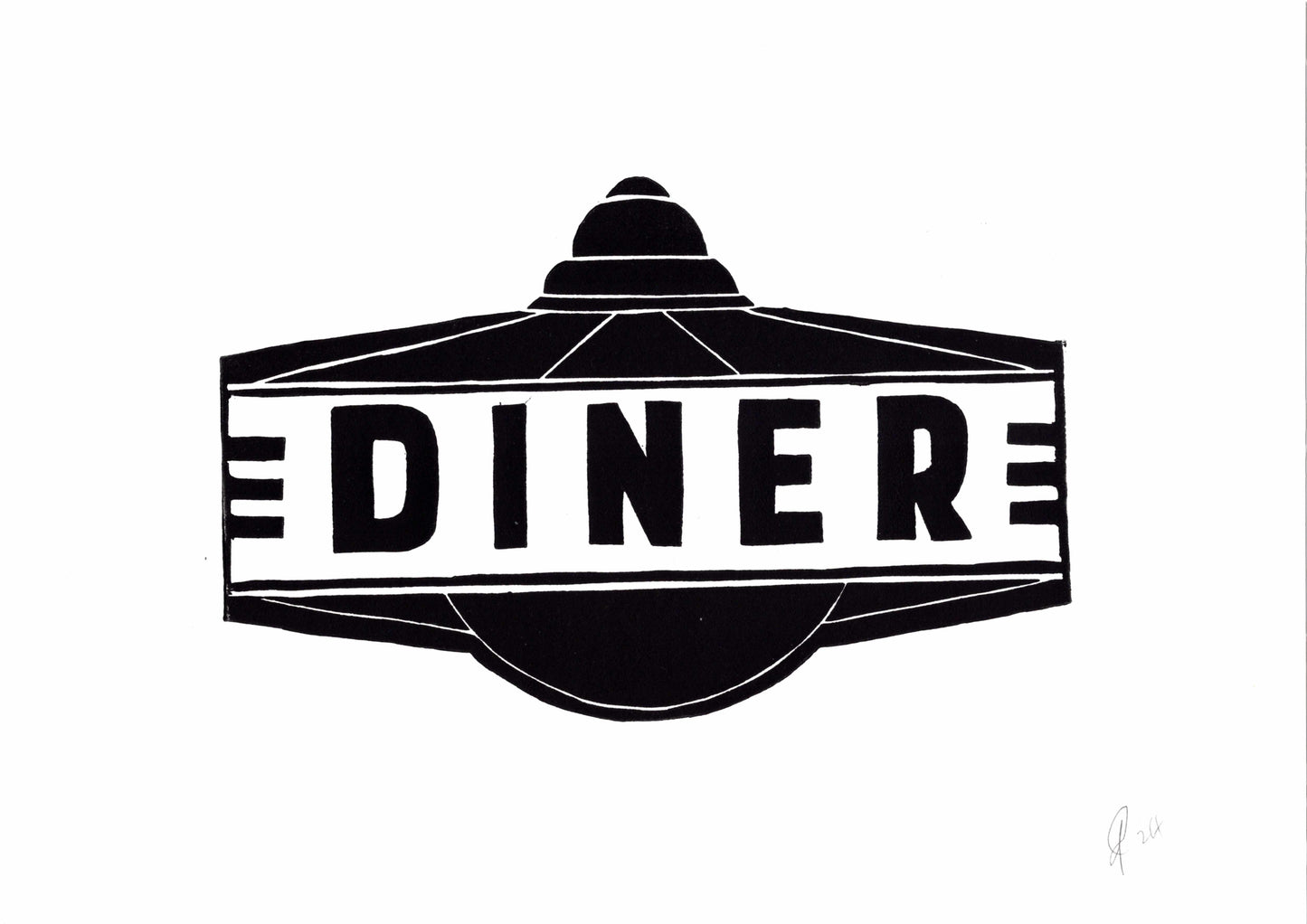 Black and white illustration of a diner sign with 'DINER' text on a white background