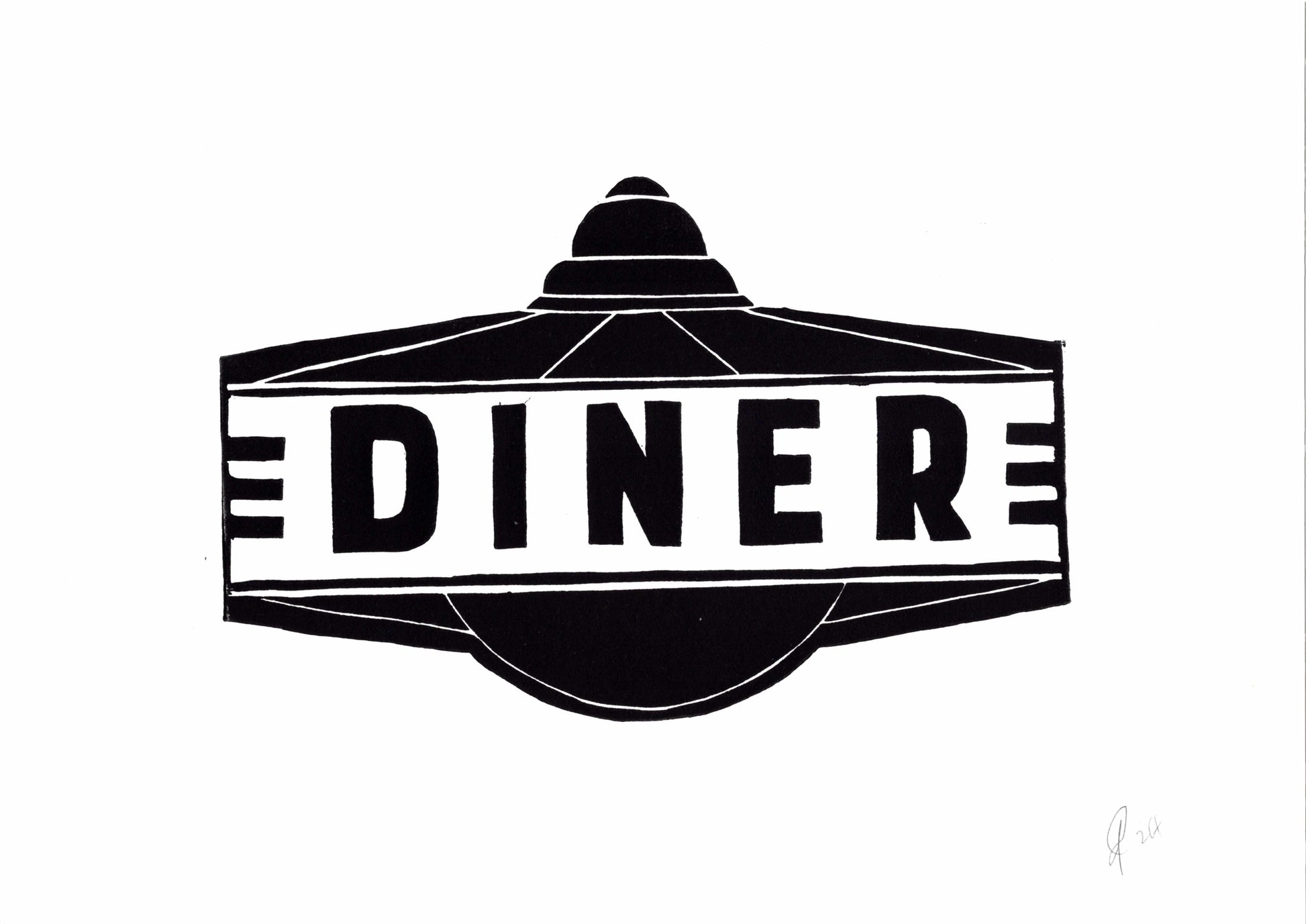 Black and white illustration of a diner sign with 'DINER' text on a white background